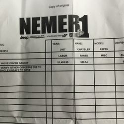 Nemer Chrysler Jeep Dodge Ram of Saratoga - Nemer quote of $1585 to replace valve cover asket