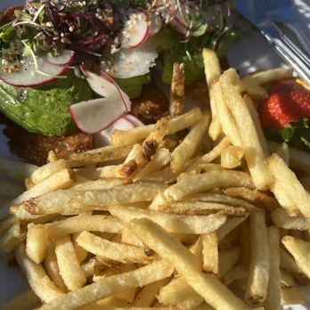 Cafe Jolie Petit - avocado toast with a side of fries - Coffee & Tea Near Me - Alameda, California