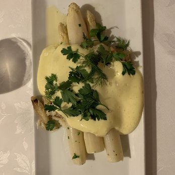 Le Crocodile Restaurant - White Asparagus served with Béchamel and Crab - French Near Me - Vancouver, British Columbia Le Crocodile Restaurant - White Asparagus served with Béchamel and Crab - French Near Me - Vancouver, British Columbia
