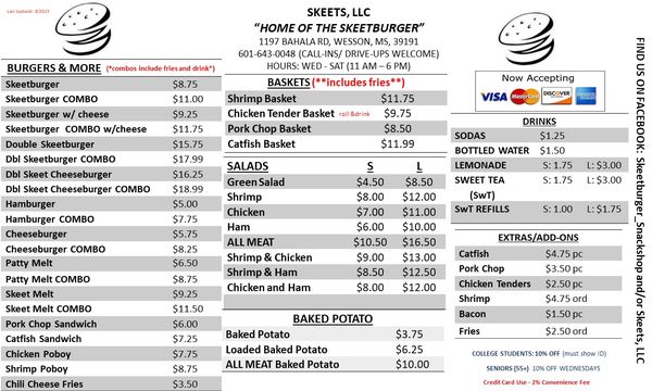 Menu photo 1 Skeet Burgers Wesson, MS Menu photo 1 Skeet Burgers Wesson, MS