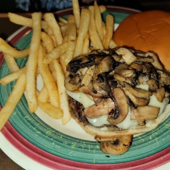 Houligans - Port Orange - Burger with Swiss cheese & mushrooms, and fries - American Near Me - Port Orange, Florida
