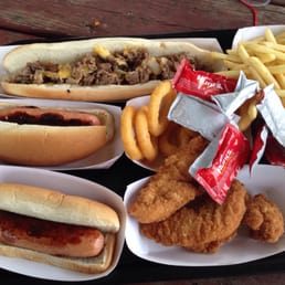 Cheesesteak, dogs, o rings, fries and chicken fingers.