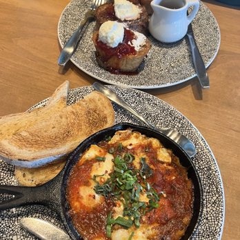 The 908 - Vanilla Bean French Toast (top), Sicilian Eggs (bottom) - New American Near Me - Long Beach, California The 908 - Vanilla Bean French Toast (top), Sicilian Eggs (bottom) - New American Near Me - Long Beach, California
