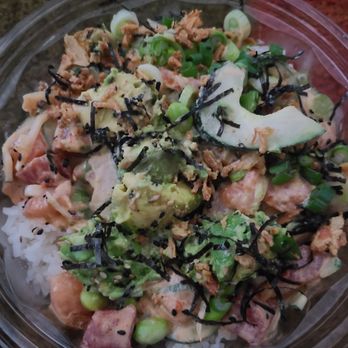 Pokeworks - White rice/spicy tuna/salmon with Avocado added - Poke Near Me - Richardson, Texas Pokeworks - White rice/spicy tuna/salmon with Avocado added - Poke Near Me - Richardson, Texas