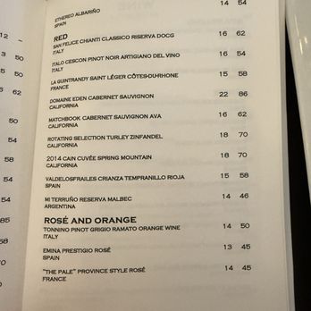 Tinker Street - Menu - A page from a wine menu featuring a list of wines with their country of origin, names, prices, and alcohol content. The menu includes wines from Italy, France, California, Spain, and Argentina, with prices ranging from 45 to 86 and alcohol content from 13% to 22%. The page number is 14, and the section is titled 'ROSÉ AND ORANGE.' - Wine Bars Near Me - Indianapolis, Indiana