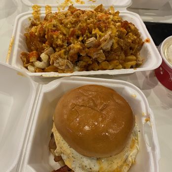 The Waffle Bus - Hot Mess Fries (above), Brunchburger (below) - Waffles Near Me - Houston, Texas The Waffle Bus - Hot Mess Fries (above), Brunchburger (below) - Waffles Near Me - Houston, Texas