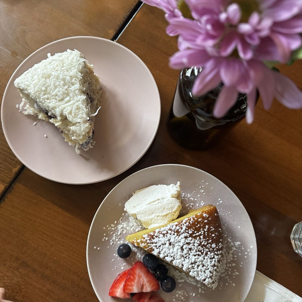 Orange olive oil cake and blueberry coconut cake