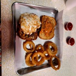 M&O Station Grill+Cocktails - Jimmy Jack Beef Melt Burger with onion rings
