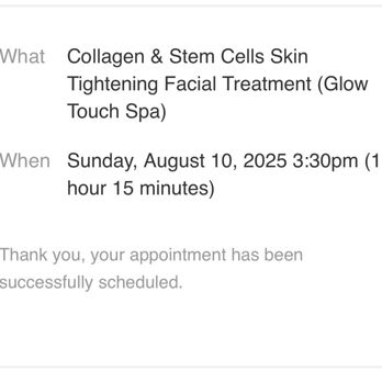 Glow Touch Spa - Email that I received that shows the duration. - Medical Spas Near Me - Natick, Massachusetts