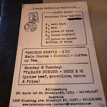 Tabaré Williamsburg - Happy Hour Menu - Latin American Near Me - Brooklyn, New York Tabaré Williamsburg - Happy Hour Menu - Latin American Near Me - Brooklyn, New York