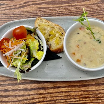 Wagashi Tea House - Seafood Chowder with salad - Coffee & Tea Near Me - Canmore, Alberta Wagashi Tea House - Seafood Chowder with salad - Coffee & Tea Near Me - Canmore, Alberta