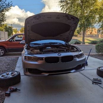 Hollow Mechanic Services - BMW with wheels removed and jacked up for undercarriage work, all done at home. Awesome! - Auto Repair Near Me - Scottsdale , Arizona Hollow Mechanic Services - BMW with wheels removed and jacked up for undercarriage work, all done at home. Awesome! - Auto Repair Near Me - Scottsdale , Arizona