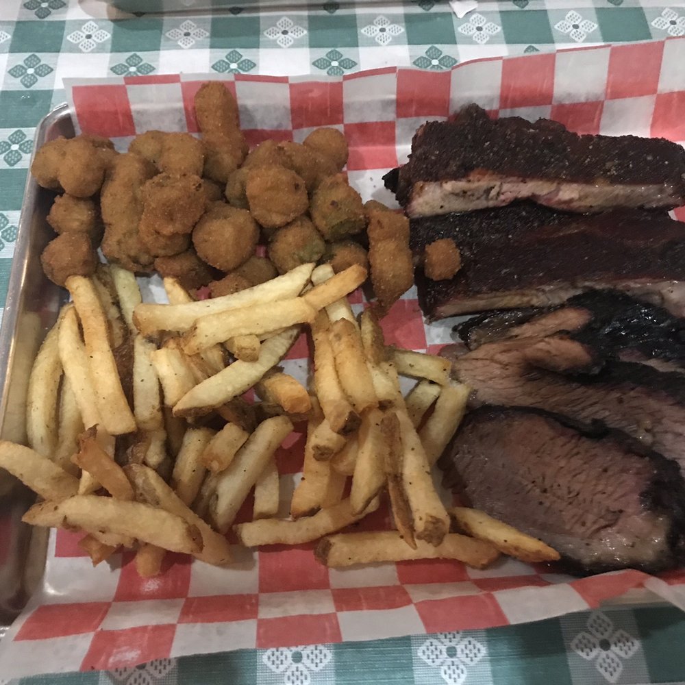 Austin’s Bar-B-Que - Pork ribs and slice brisket with home cut fries and crispy okra - Barbeque Near Me - Addison, Texas