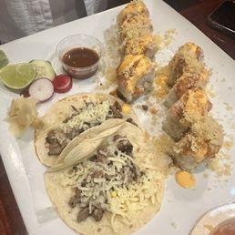 Fusion Meal - steak tacos and a sushi roll