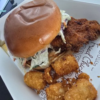 Bruxie - Nashville hot chicken sandwich with the few tots I had left after eating them while driving haha - Sandwiches Near Me - North Hollywood, California Bruxie - Nashville hot chicken sandwich with the few tots I had left after eating them while driving haha - Sandwiches Near Me - North Hollywood, California