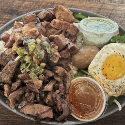 Combo grilled pork, braised belly and sunny side egg (contains gluten) with soy egg Combo grilled pork, braised belly and sunny side egg (contains gluten) with soy egg