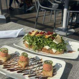 Tuna crispy rice and Grilled Pear & Burrata
