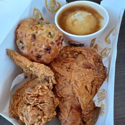 Church's Texas Chicken - Spicy white chicken, jalapeño biscuit and mashed potatoes and gravy