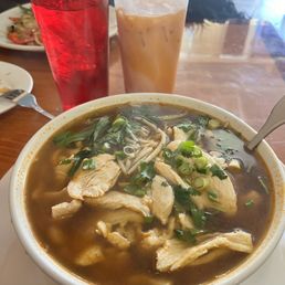 Chicken pho lvl 2 spicy (nose running level) with the best Chia Thai Tea Chicken pho lvl 2 spicy (nose running level) with the best Chia Thai Tea