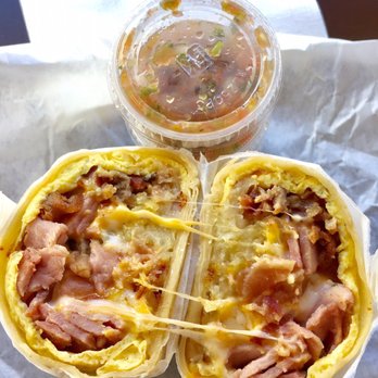 Wonder Burgers - Wonder breakfast burrito meaty lover (ham, egg, bacon, sausage, hash brown, salsa) - Burgers Near Me - Pasadena, California