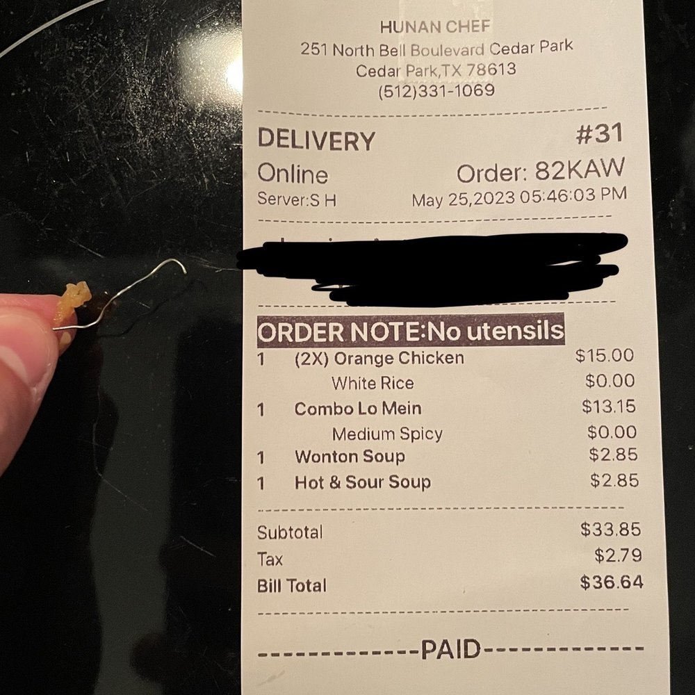 Receipt and staple found in food Receipt and staple found in food
