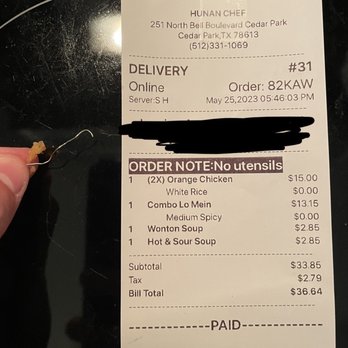 Hunan Chef - Receipt and staple found in food - Chinese Near Me - Cedar Park, Texas