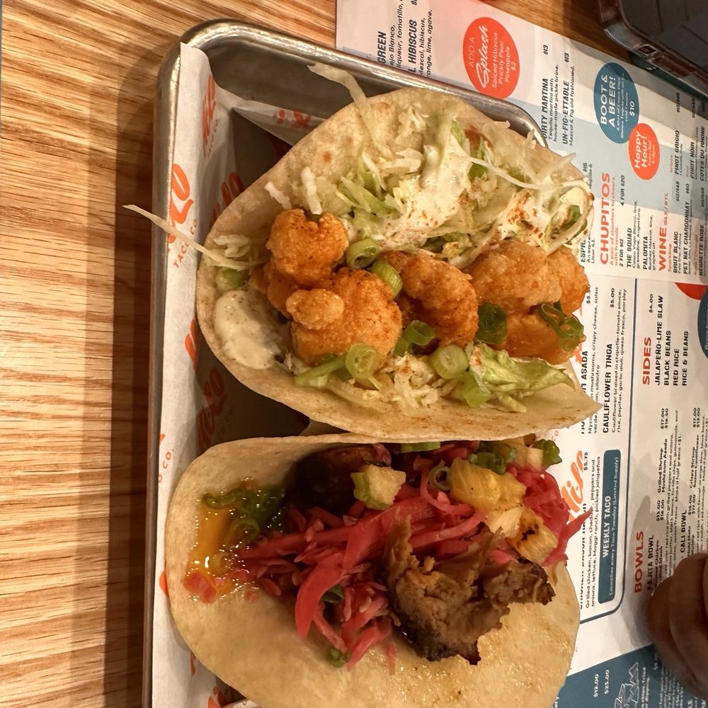 Hi-Lo Taco - Crispy Shrimp (L) and Pulled Pork (R) - Tacos Near Me - Philadelphia, Pennsylvania Hi-Lo Taco - Crispy Shrimp (L) and Pulled Pork (R) - Tacos Near Me - Philadelphia, Pennsylvania