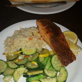 Rivets American Grill - Salmon with rice and veggies. - Bars Near Me - Modesto, California