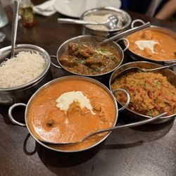 Dilliwala Indian Kitchen - Tika cheese and chicken. Goat curry. Eggplant. Basmati rice.