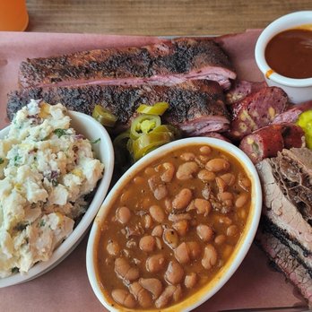 OAK'D BBQ - Brisket, ribs and jalapeno cheddar sausage - 3 meat plate. You won't leave hungry! - Barbeque Near Me - Dallas, Texas OAK'D BBQ - Brisket, ribs and jalapeno cheddar sausage - 3 meat plate. You won't leave hungry! - Barbeque Near Me - Dallas, Texas