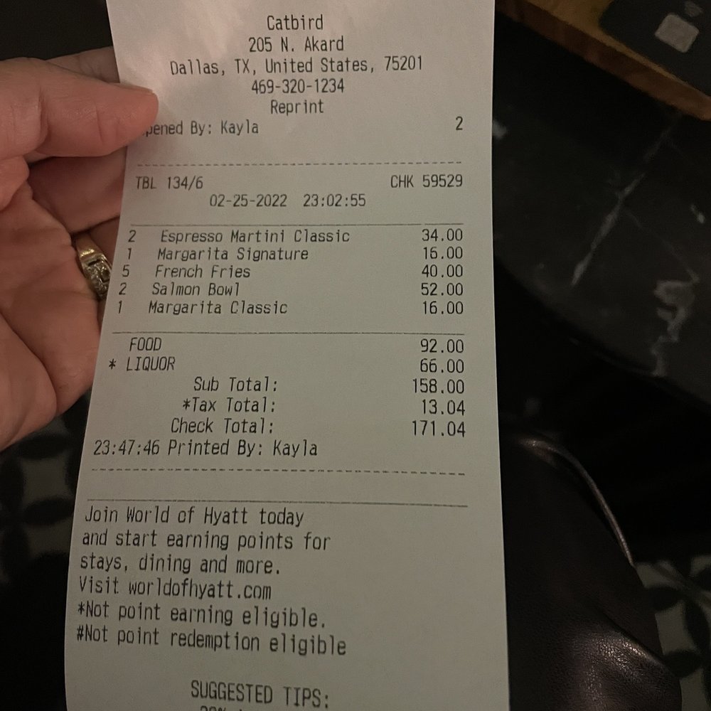 Catbird - Receipt - Tapas/Small Plates Near Me - Dallas, Texas Catbird - Receipt - Tapas/Small Plates Near Me - Dallas, Texas