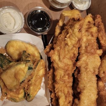 H Salt Esq Fish & Chips - Delicious family order: 6 fish and 1 zucchini with their liquid gold dips. - Fish & Chips Near Me - San Jose, California H Salt Esq Fish & Chips - Delicious family order: 6 fish and 1 zucchini with their liquid gold dips. - Fish & Chips Near Me - San Jose, California