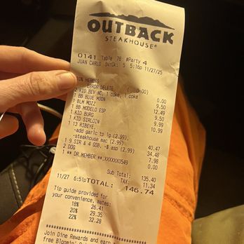 Outback Steakhouse - This is the "corrected" receipt after I complained. As you can see, they added a discount after we paid - Steakhouses Near Me - Laughlin, Nevada Outback Steakhouse - This is the "corrected" receipt after I complained. As you can see, they added a discount after we paid - Steakhouses Near Me - Laughlin, Nevada