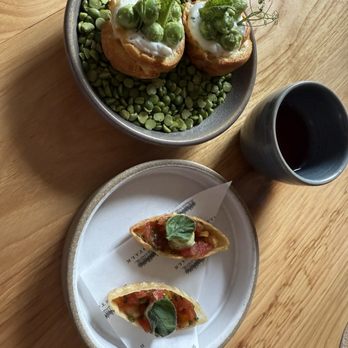 Rootstalk - Amuse Bouche - English pea profiteroles, Fresh tomato tartlet - New American Near Me - Breckenridge, Colorado