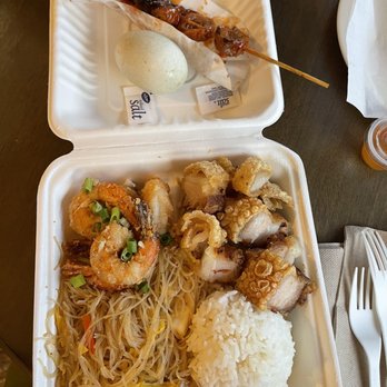 Da Soriano Grindz - Garlic shrimp and chicharon combo with a side of tambotso and balut - Filipino Near Me - Kahului, Hawaii Da Soriano Grindz - Garlic shrimp and chicharon combo with a side of tambotso and balut - Filipino Near Me - Kahului, Hawaii