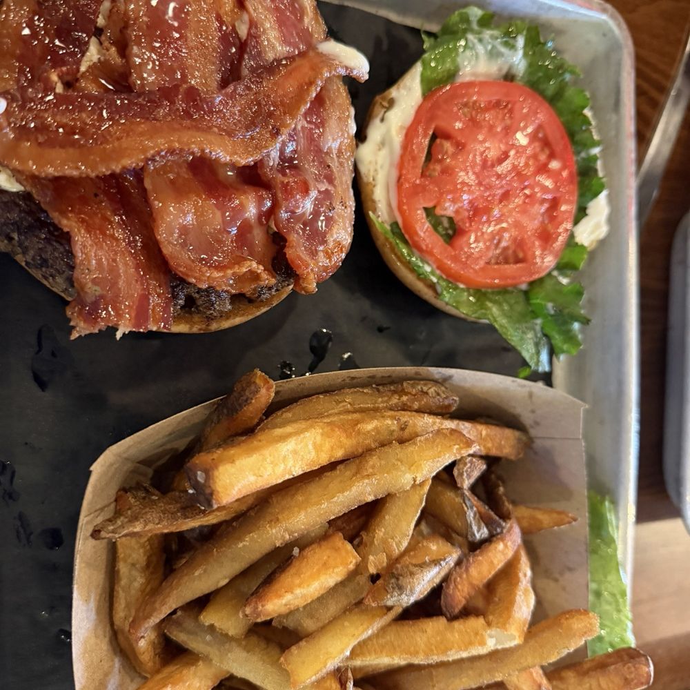 Ocmulgee Brewpub - Blue cheese burger with fries - New American Near Me - Macon, Georgia