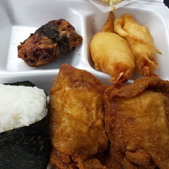 Hilo Lunch Shop - Ume Musubi, Fried Chicken (2 piece), Nori Fried Chicken (1 piece), Shrimp Tempura. - Japanese Near Me - Hilo, Hawaii