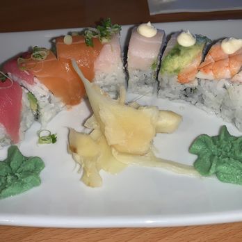 Sushi Hub - Rainbow Roll - California Roll topped with assorted sashimi & avocado - Sushi Bars Near Me - Stockton, California Sushi Hub - Rainbow Roll - California Roll topped with assorted sashimi & avocado - Sushi Bars Near Me - Stockton, California