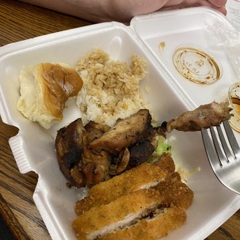 Solid Grindz - Small plate with white rice, Hawaiian roll, chicken katsu and chicken teriyaki. After a few bites had already been taken. - Hawaiian Near Me - Tucson, Arizona