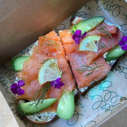 Smoked Salmon Toast with Fromage Blanc, Persian Cucumber, Shaved Lemon, and Dill