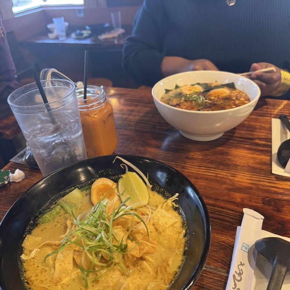 Noodle Boulevard - N9. Chicken Curry Ramen* and N16. Black Garlic Ramen (w/ Pork Belly & Ajitsuke Egg)* plus Thai tea! - Ramen Near Me - Cary, North Carolina
