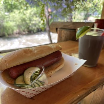 2Z's BBQ - All beef hot dog, pickles and huckleberry margarita - Barbeque Near Me - Dubois, Wyoming