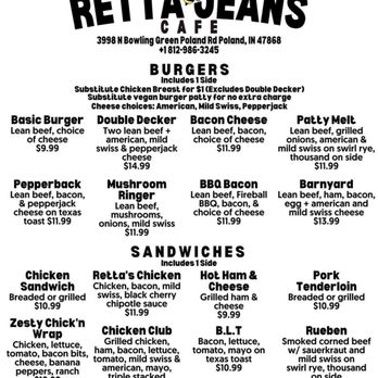 Retta Jeans Cafe - Menu - Sandwiches Near Me - Poland, Indiana