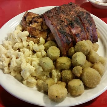 Old Hickory Inn - 3 meat plate with ribs, chicken qtr, and lots of hidden links....okra & mac & cheese - Barbeque Near Me - Missouri City, Texas