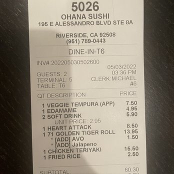 Ohana Sushi - Gratuity added to bill - Japanese Near Me - Riverside, California