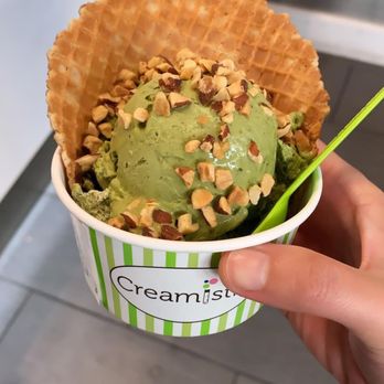 Creamistry - Waffle bowl: Matcha green tea with almond using coconut base. Expensive ice cream but pretty good. - Desserts Near Me - Irving, Texas Creamistry - Waffle bowl: Matcha green tea with almond using coconut base. Expensive ice cream but pretty good. - Desserts Near Me - Irving, Texas