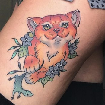 FTS Gallery - Cattoo on thigh by Raquel Cude at FTS Gallery - Arts & Entertainment Near Me - Stratford, Connecticut