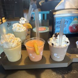 Orange dreamsicle, strawberry mango sunrise, chocolate mudslide