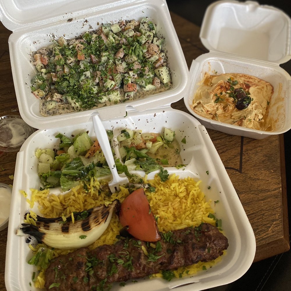 Kefta kabob (2 skewers but ate one before this photo, it would be where the fork is) ; Hummus ; Jerusalem salad Kefta kabob (2 skewers but ate one before this photo, it would be where the fork is) ; Hummus ; Jerusalem salad