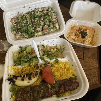 Mr Shawarma - Kefta kabob (2 skewers but ate one before this photo, it would be where the fork is) ; Hummus ; Jerusalem salad - Falafel Near Me - Chicago, Illinois Mr Shawarma - Kefta kabob (2 skewers but ate one before this photo, it would be where the fork is) ; Hummus ; Jerusalem salad - Falafel Near Me - Chicago, Illinois